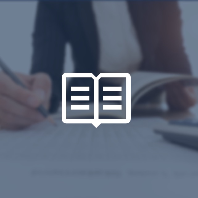 book icon overlayed on image of woman working on bookkeeping