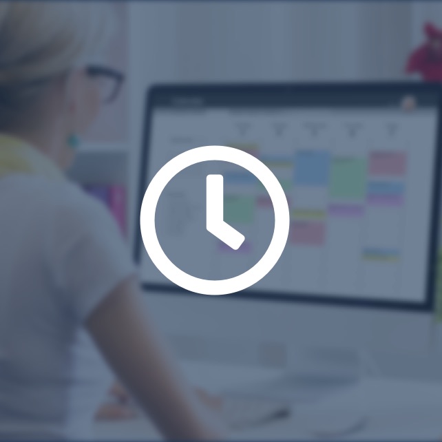 clock icon over stock photo of woman on computer calendar