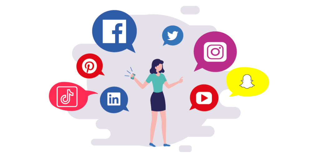 illustration of woman with social media logos around