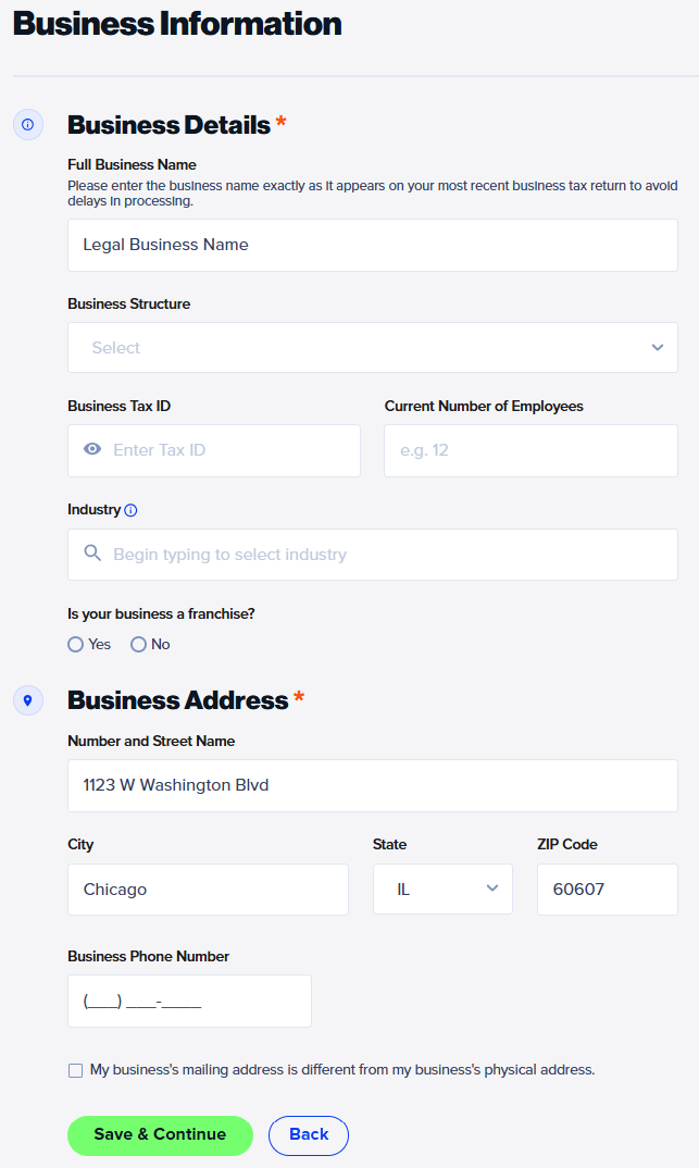 Business information application page on NEWITY's SBA loan application