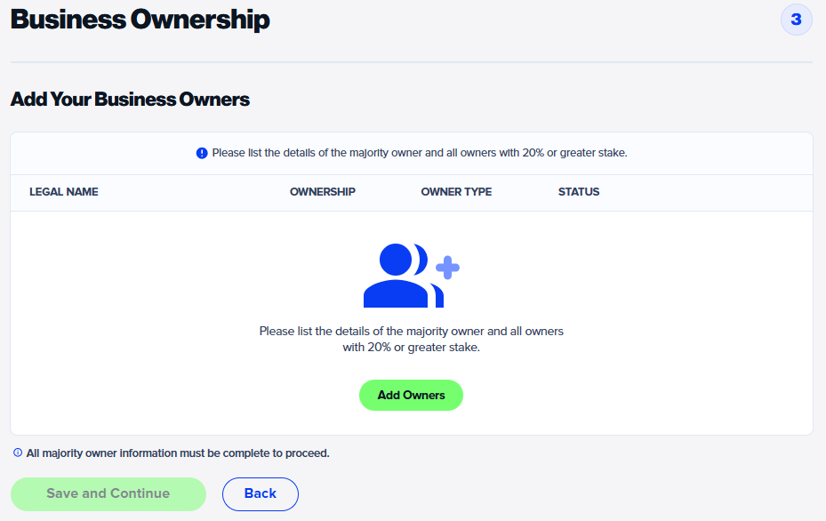 Ownership overview information application page on NEWITY's SBA loan application